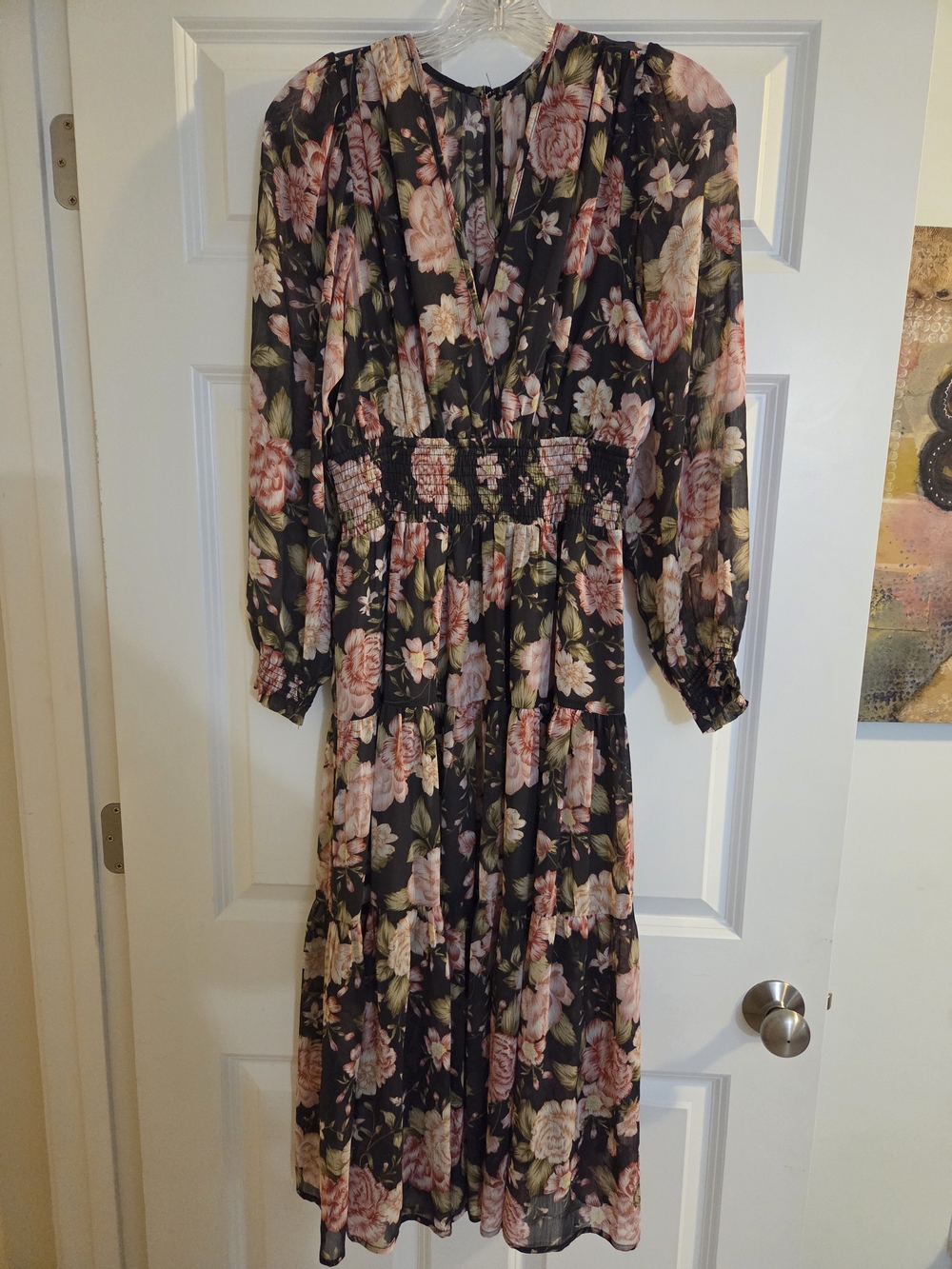Floral Smocked-Waist Midi Dress in  Olive/Brown, Pink, and Cream